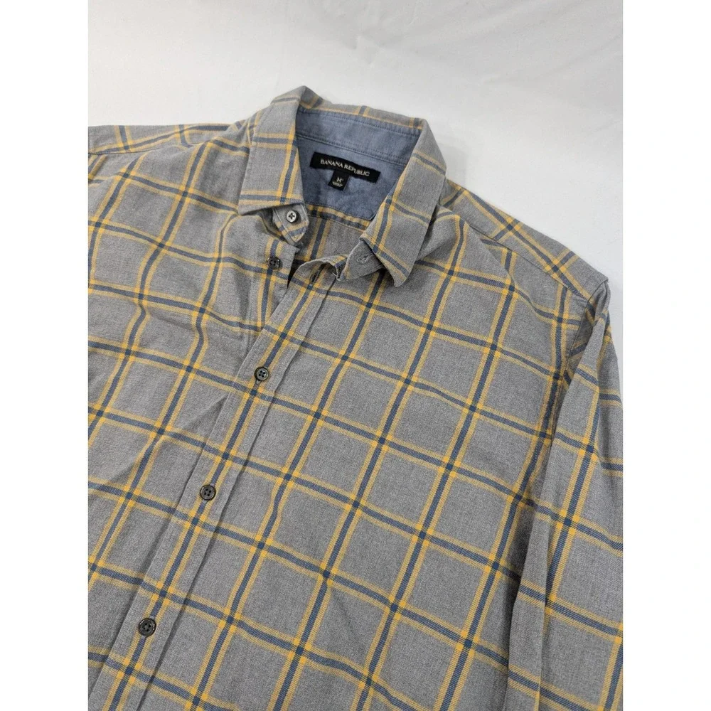 Banana Republic Shirt Mens Medium Gold Blue Gray Plaid Cotton Long Sleeve